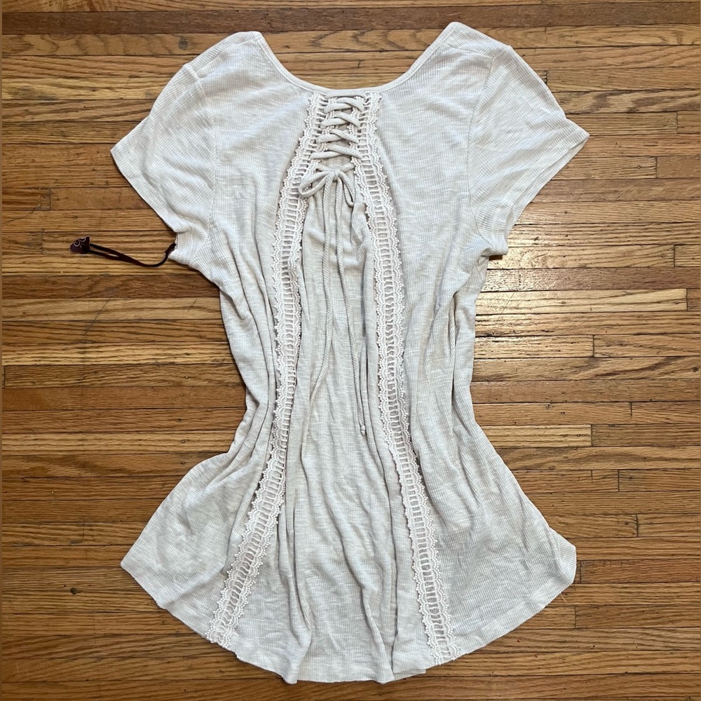 NWT Beige Boho Lace up Baggy Shirt